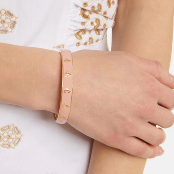 NEW Size Large Jimmy Choo Gold Metal Blossom Pink Enamel JC Logo Bangle Bracelet - Picture 6 of 6